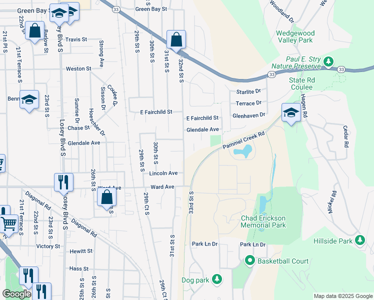 map of restaurants, bars, coffee shops, grocery stores, and more near 2604 32nd Street South in La Crosse
