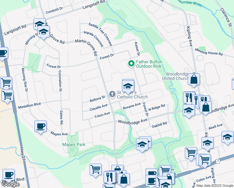 map of restaurants, bars, coffee shops, grocery stores, and more near 90 Bainbridge Avenue in Vaughan