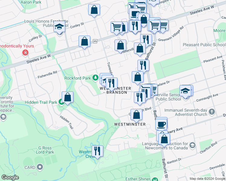 map of restaurants, bars, coffee shops, grocery stores, and more near Rockford Road in Toronto