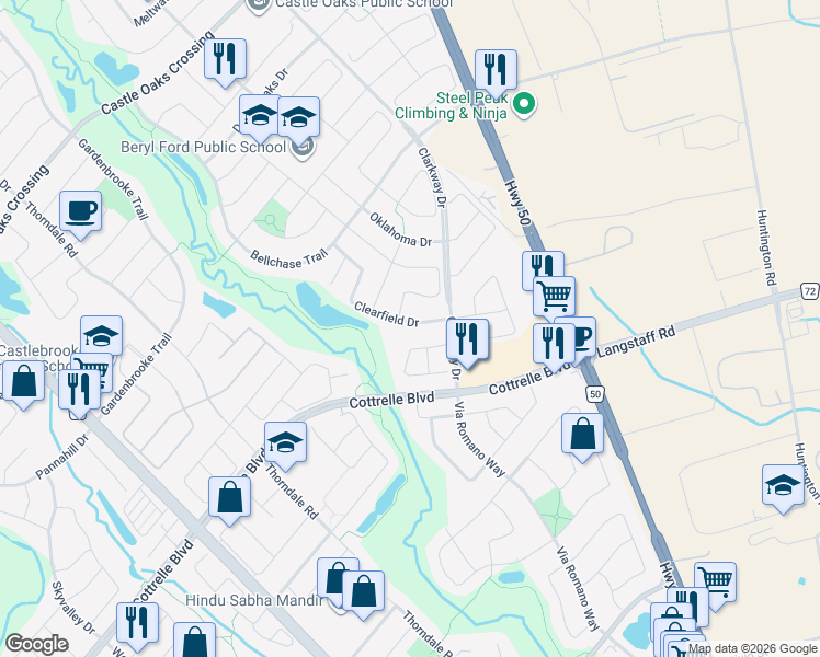 map of restaurants, bars, coffee shops, grocery stores, and more near 74 Clearfield Drive in Brampton