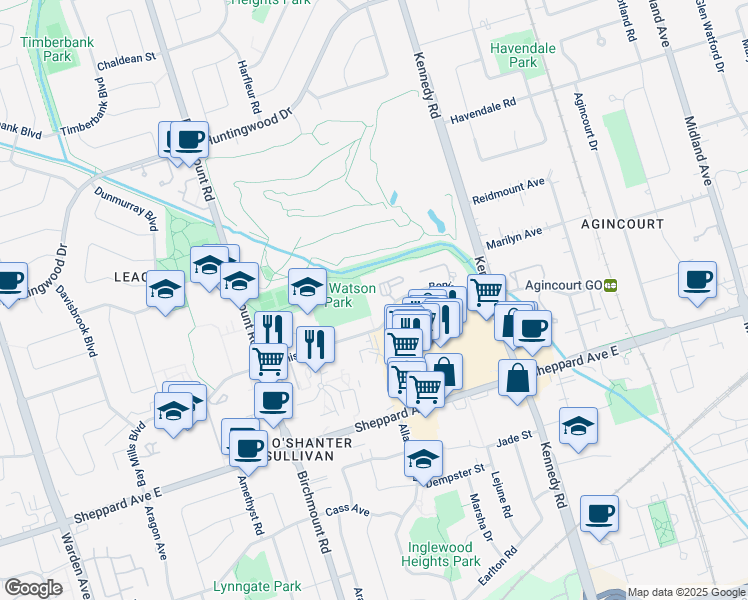 map of restaurants, bars, coffee shops, grocery stores, and more near 132 Bonis Avenue in Toronto