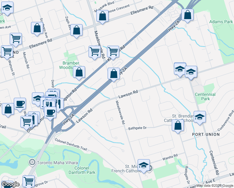 map of restaurants, bars, coffee shops, grocery stores, and more near 132 Lawson Road in Toronto