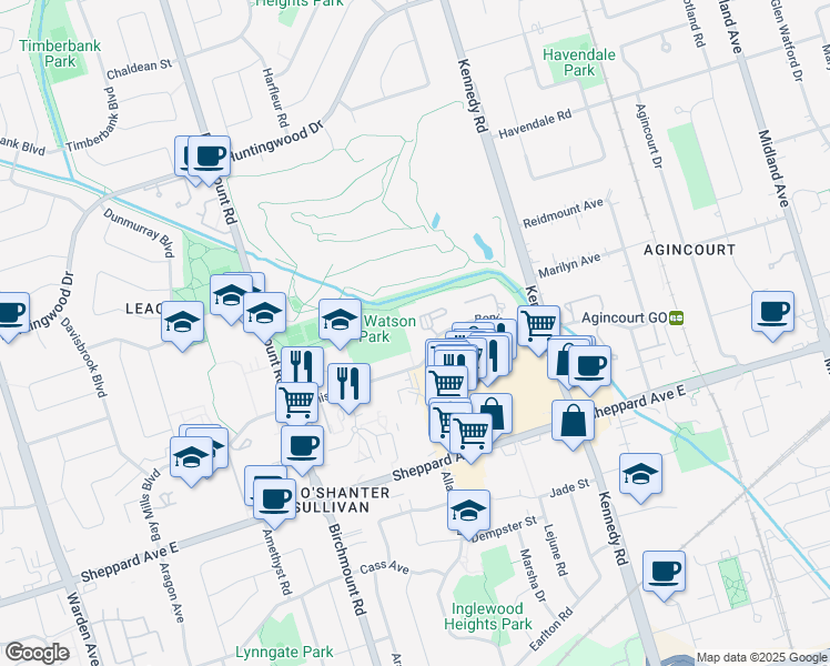 map of restaurants, bars, coffee shops, grocery stores, and more near 132 Bonis Avenue in Toronto