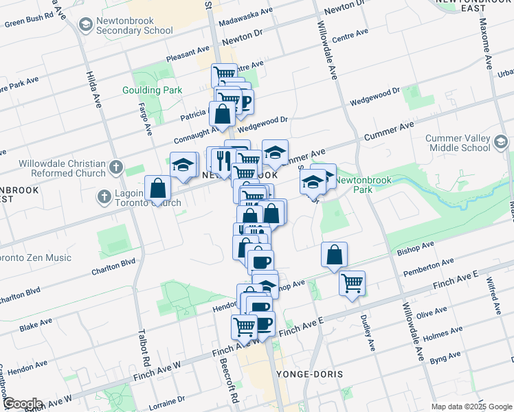 map of restaurants, bars, coffee shops, grocery stores, and more near 5807 Yonge Street in Toronto