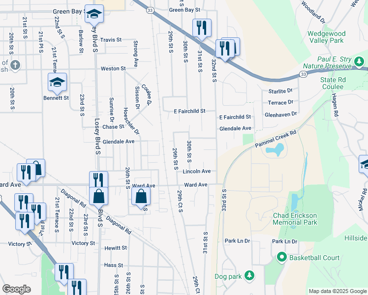 map of restaurants, bars, coffee shops, grocery stores, and more near 2604 30th Street South in La Crosse