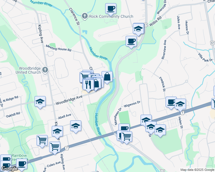 map of restaurants, bars, coffee shops, grocery stores, and more near 53 Woodbridge Avenue in Vaughan