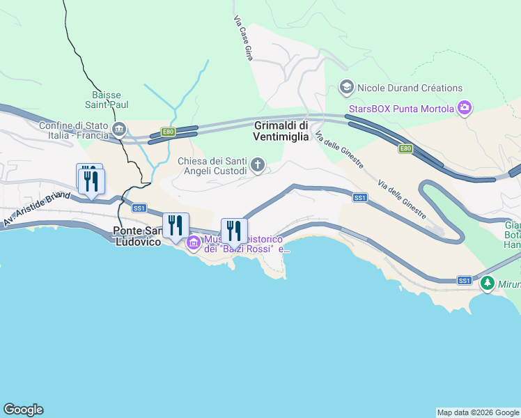 map of restaurants, bars, coffee shops, grocery stores, and more near 81 Corso Mentone in Grimaldi