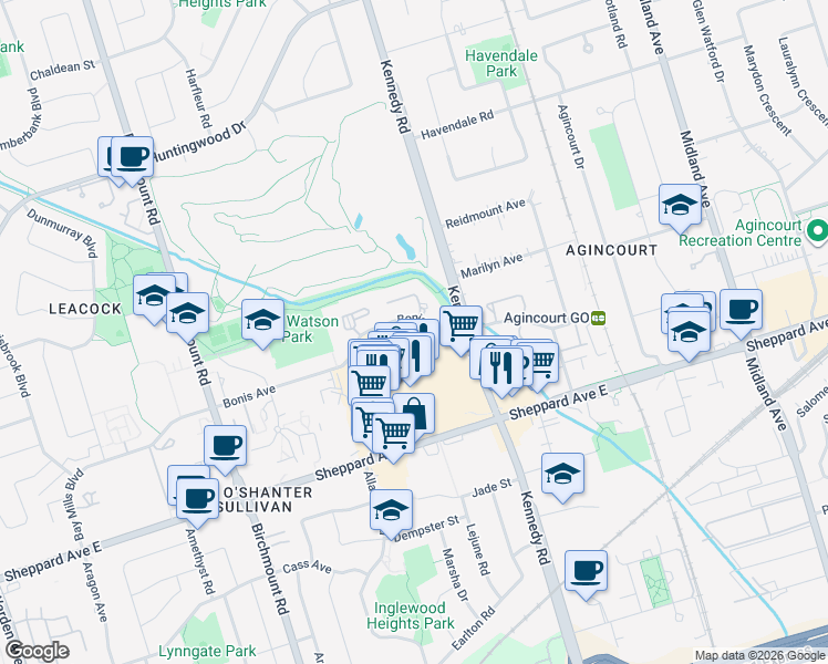 map of restaurants, bars, coffee shops, grocery stores, and more near 195 Bonis Avenue in Toronto