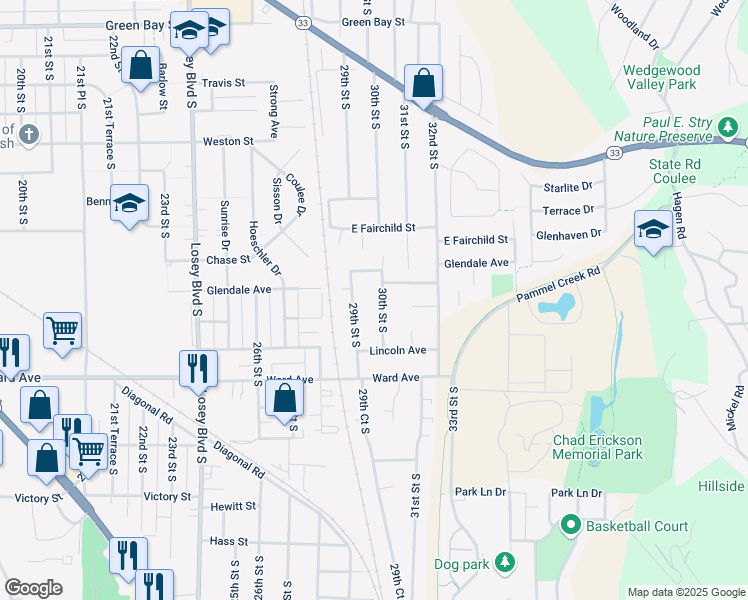 map of restaurants, bars, coffee shops, grocery stores, and more near 2604 30th Street South in La Crosse