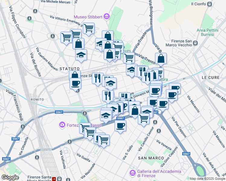 map of restaurants, bars, coffee shops, grocery stores, and more near 18 Via della Cernaia in Florence