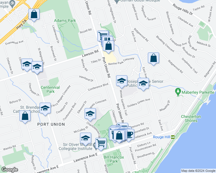 map of restaurants, bars, coffee shops, grocery stores, and more near 105 Clappison Boulevard in Toronto