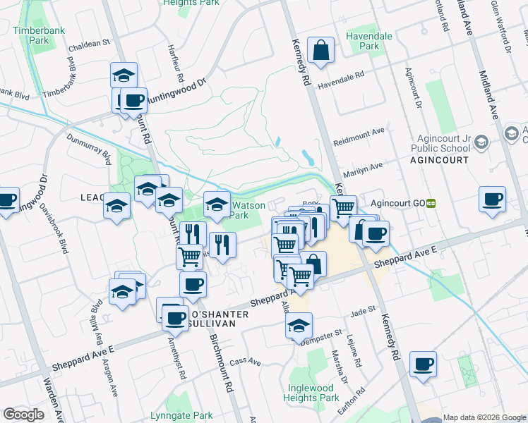 map of restaurants, bars, coffee shops, grocery stores, and more near 138 Bonis Avenue in Toronto