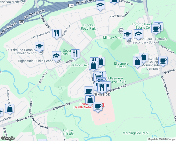 map of restaurants, bars, coffee shops, grocery stores, and more near 122 Purpledusk Trail in Toronto