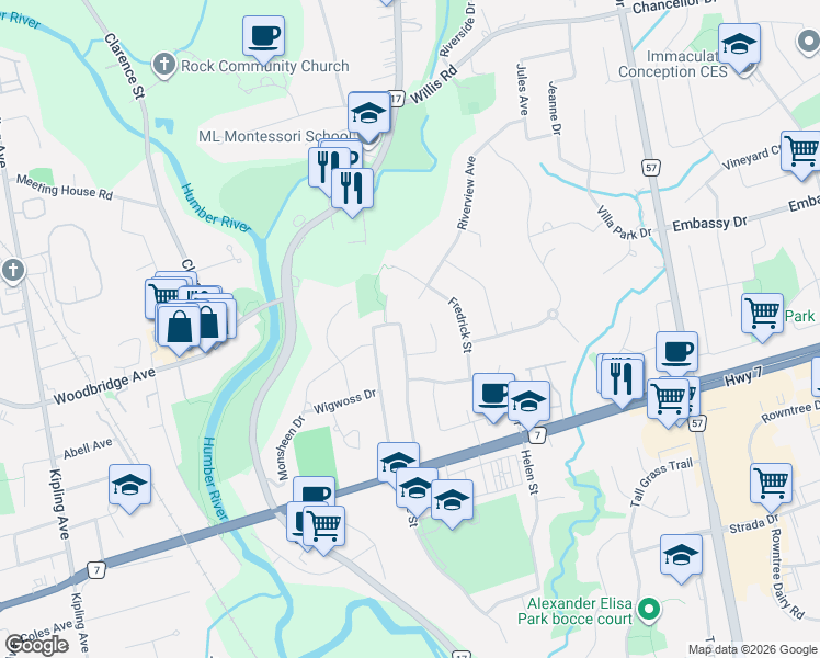 map of restaurants, bars, coffee shops, grocery stores, and more near 162 Wigwoss Drive in Vaughan