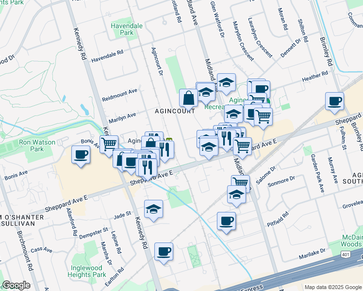 map of restaurants, bars, coffee shops, grocery stores, and more near in Toronto