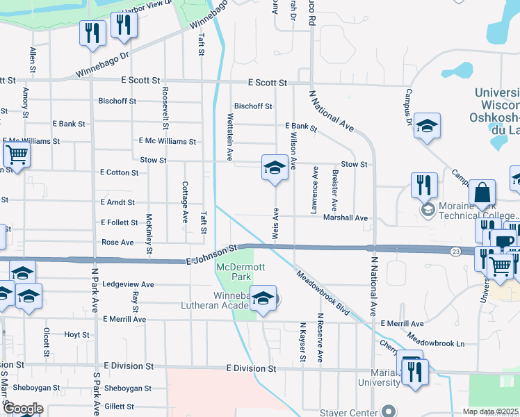 map of restaurants, bars, coffee shops, grocery stores, and more near 300 Weis Avenue in Fond du Lac