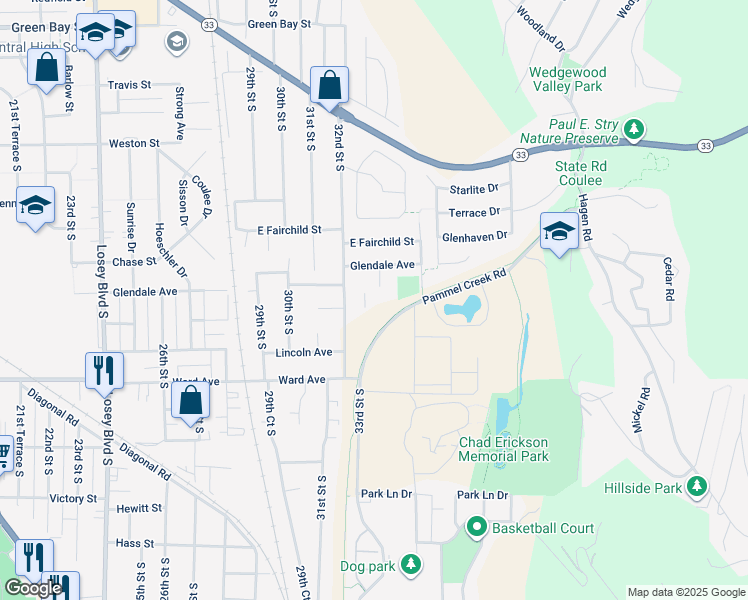 map of restaurants, bars, coffee shops, grocery stores, and more near 3304 Glendale Avenue in La Crosse