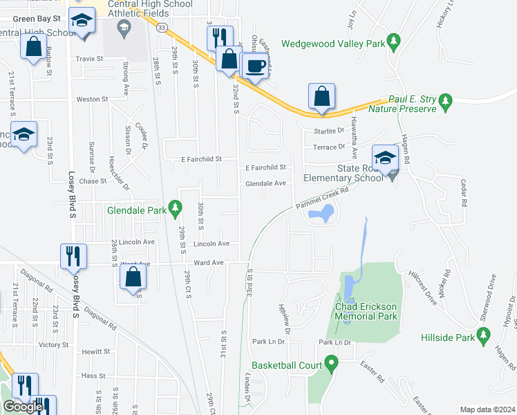map of restaurants, bars, coffee shops, grocery stores, and more near 3304 Glendale Avenue in La Crosse