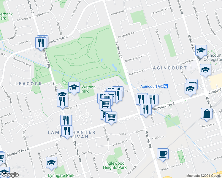 map of restaurants, bars, coffee shops, grocery stores, and more near 185 Bonis Avenue in Toronto
