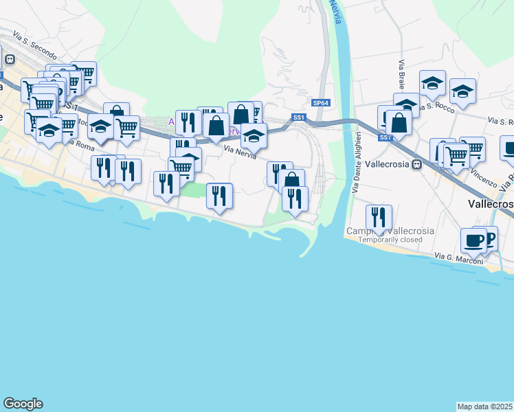 map of restaurants, bars, coffee shops, grocery stores, and more near 13 Via Nino Lamboglia in Ventimiglia