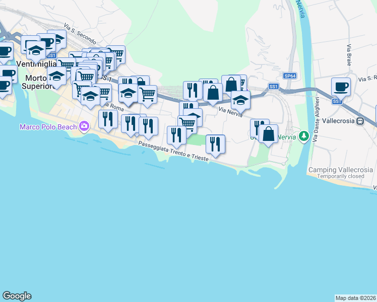 map of restaurants, bars, coffee shops, grocery stores, and more near 21 Via Tacito in Ventimiglia