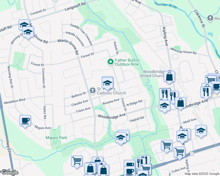 map of restaurants, bars, coffee shops, grocery stores, and more near 40 Bainbridge Avenue in Vaughan