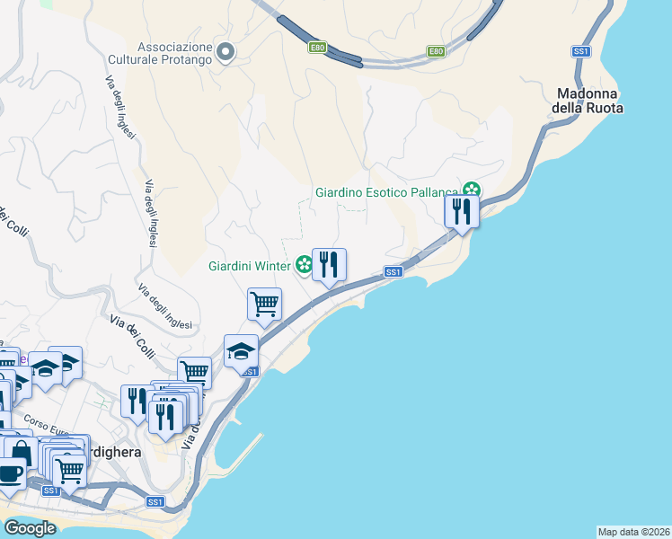 map of restaurants, bars, coffee shops, grocery stores, and more near 30 Strada della Cava in Bordighera