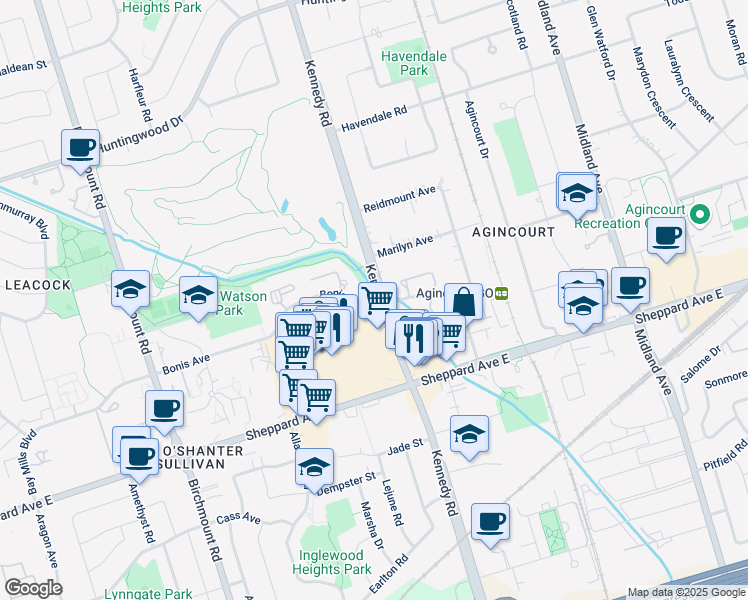 map of restaurants, bars, coffee shops, grocery stores, and more near 2389 Kennedy Road in Toronto