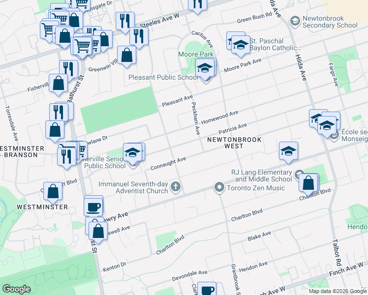 map of restaurants, bars, coffee shops, grocery stores, and more near 355 Patricia Avenue in Toronto