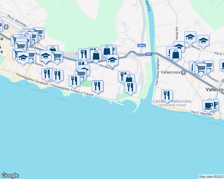 map of restaurants, bars, coffee shops, grocery stores, and more near 13 Via Nino Lamboglia in Ventimiglia