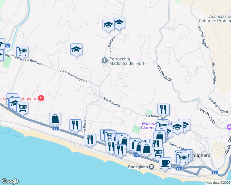map of restaurants, bars, coffee shops, grocery stores, and more near 3 Via Galileo Galilei in Bordighera