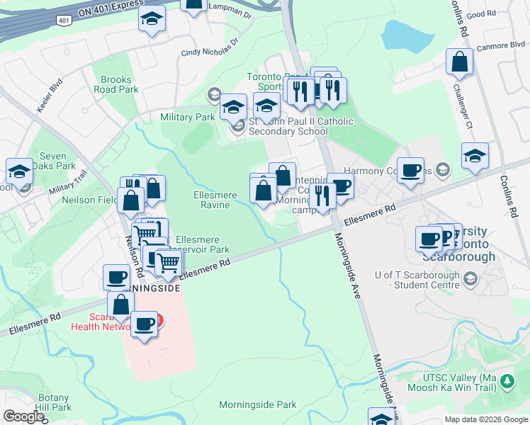 map of restaurants, bars, coffee shops, grocery stores, and more near 3050 Ellesmere Road in Toronto