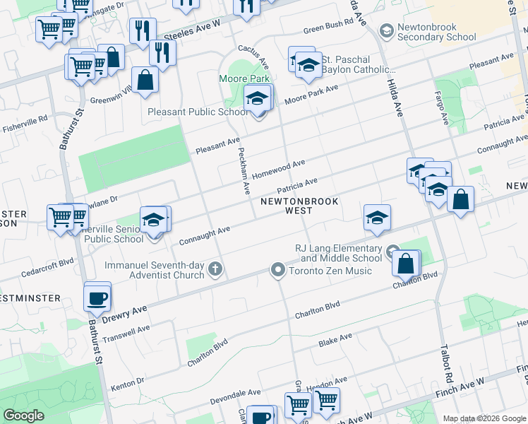 map of restaurants, bars, coffee shops, grocery stores, and more near 326 Connaught Avenue in Toronto