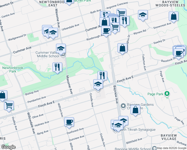 map of restaurants, bars, coffee shops, grocery stores, and more near 28 Manorcrest Drive in Toronto