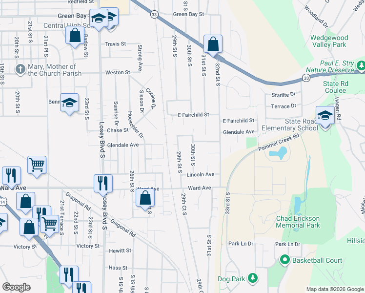 map of restaurants, bars, coffee shops, grocery stores, and more near 2500 30th Street South in La Crosse