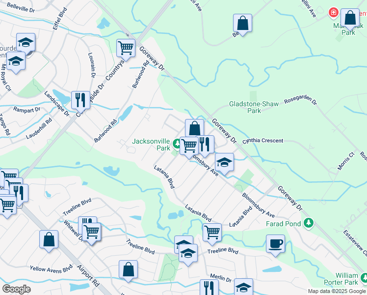 map of restaurants, bars, coffee shops, grocery stores, and more near Jacksonville Drive in Brampton