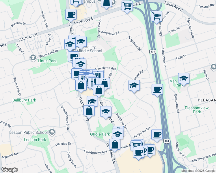 map of restaurants, bars, coffee shops, grocery stores, and more near 17 Deerford Road in Toronto