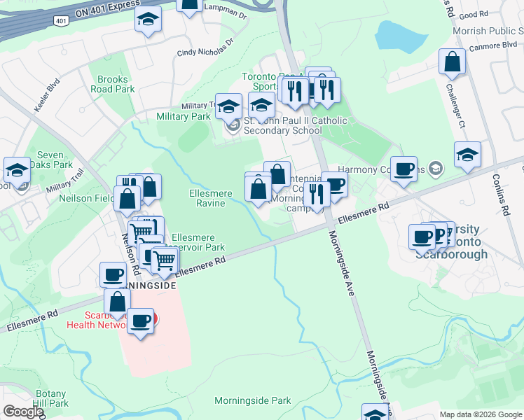 map of restaurants, bars, coffee shops, grocery stores, and more near 19 Mornelle Court in Toronto