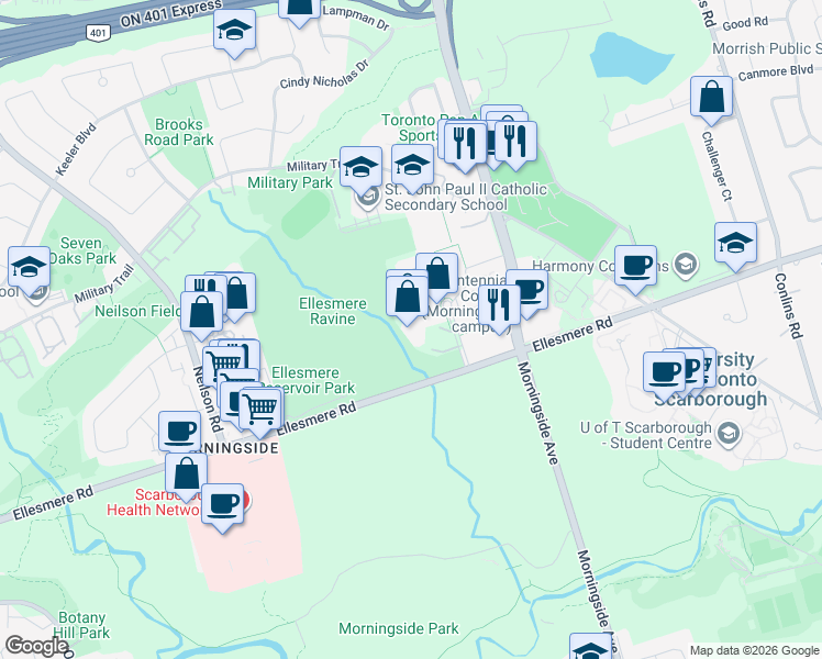map of restaurants, bars, coffee shops, grocery stores, and more near 3050 Ellesmere Road in Toronto