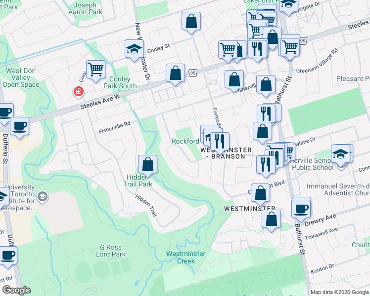 map of restaurants, bars, coffee shops, grocery stores, and more near 88 Rockford Road in Toronto