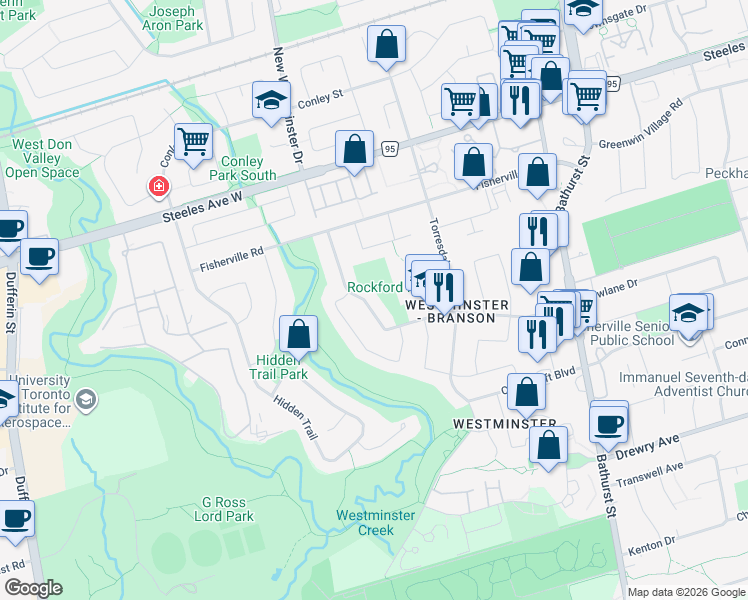 map of restaurants, bars, coffee shops, grocery stores, and more near 94 Rockford Road in Toronto