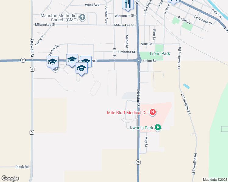 map of restaurants, bars, coffee shops, grocery stores, and more near 932 Marshall Drive in Mauston