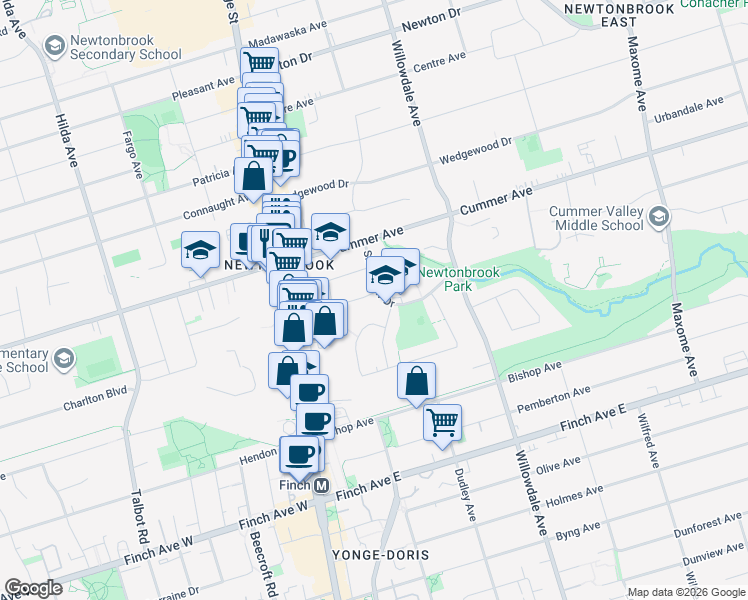 map of restaurants, bars, coffee shops, grocery stores, and more near 39 Silverview Drive in Toronto