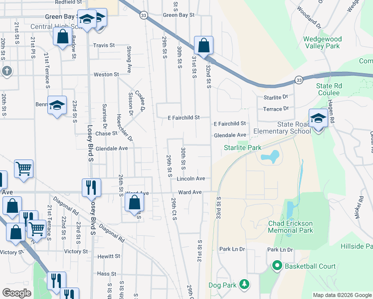 map of restaurants, bars, coffee shops, grocery stores, and more near 2500 30th Street South in La Crosse