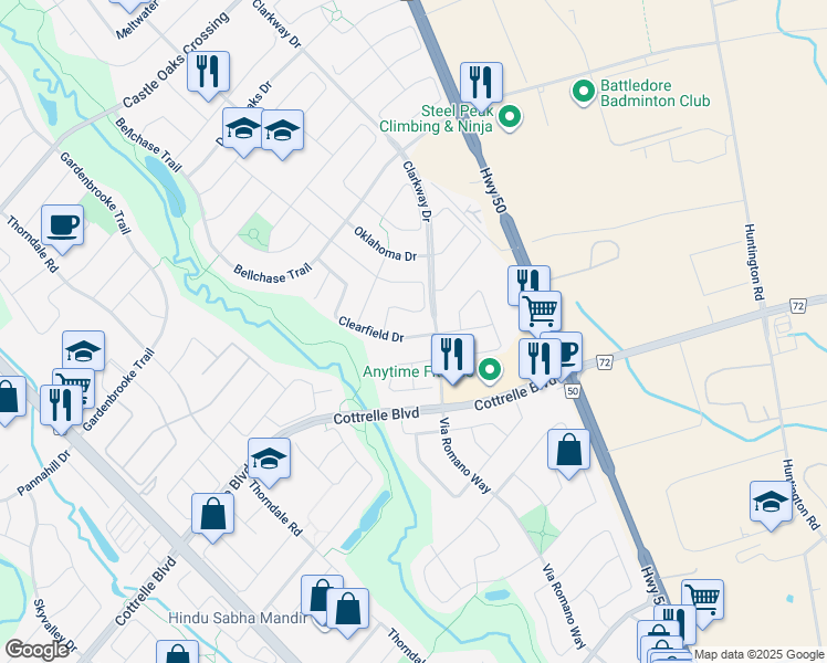 map of restaurants, bars, coffee shops, grocery stores, and more near 69 Clearfield Drive in Brampton