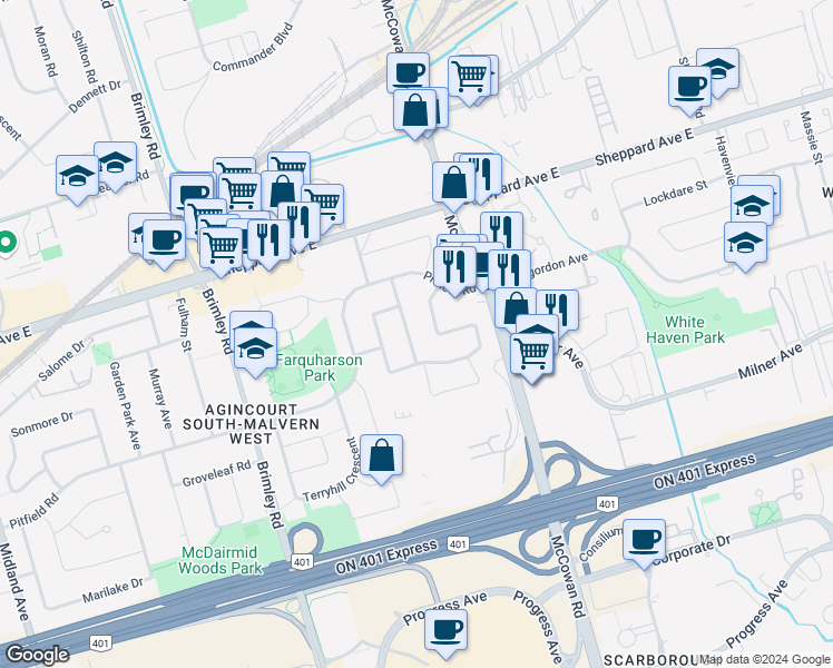 map of restaurants, bars, coffee shops, grocery stores, and more near 7 Charterhouse Road in Toronto