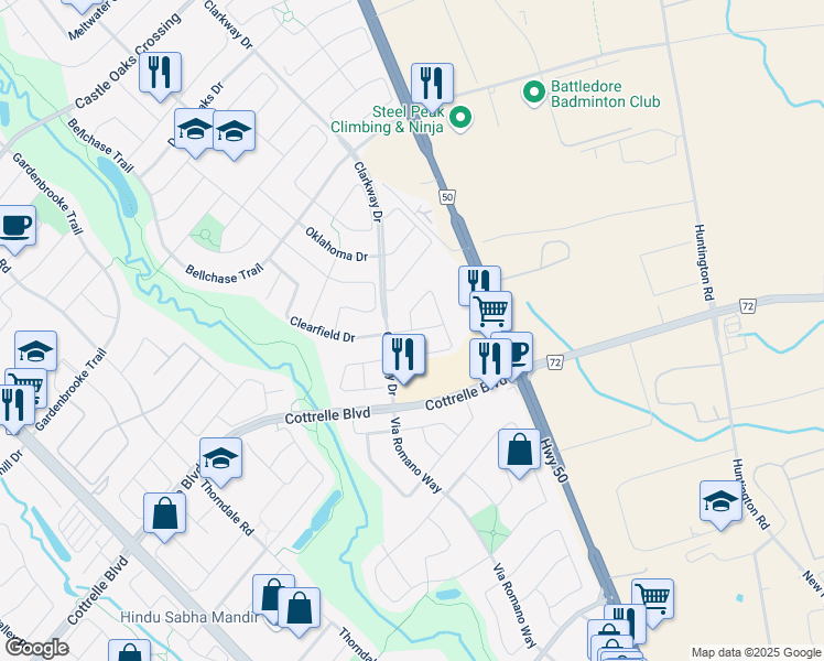 map of restaurants, bars, coffee shops, grocery stores, and more near Passfield Trail in Brampton