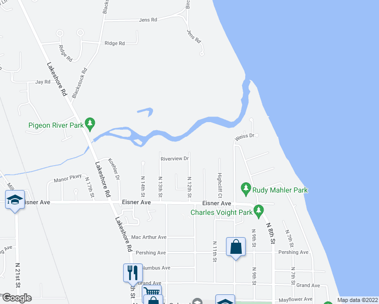 map of restaurants, bars, coffee shops, grocery stores, and more near 12th Street in Sheboygan