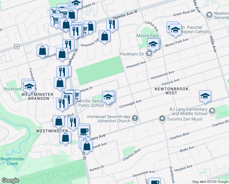 map of restaurants, bars, coffee shops, grocery stores, and more near in Toronto