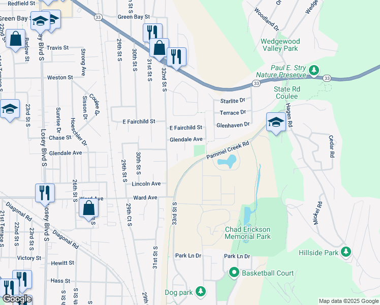 map of restaurants, bars, coffee shops, grocery stores, and more near 3304 Glendale Avenue in La Crosse